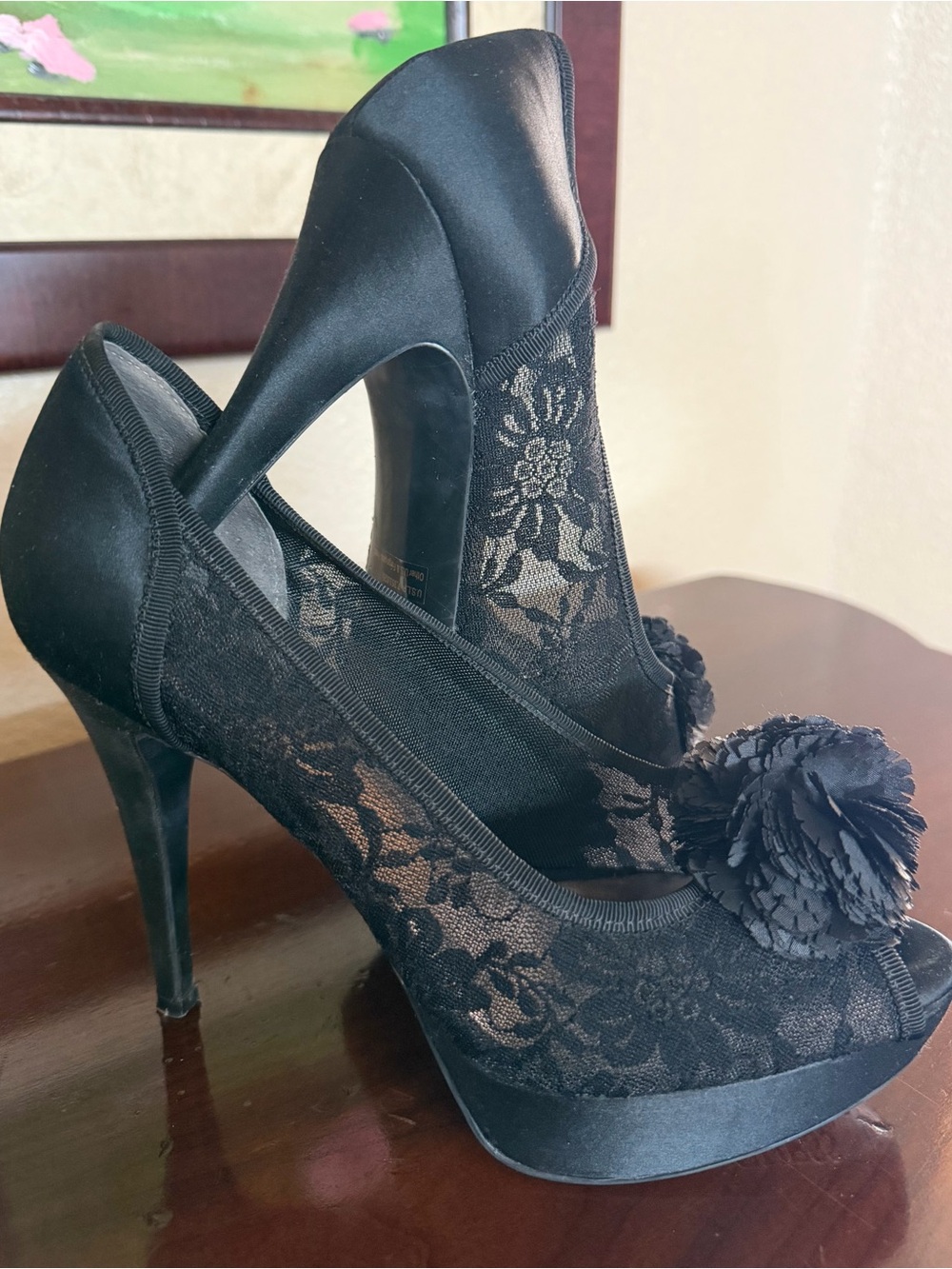 Women's Guess Black Lace Peep-Toe High Heels with Floral Accent